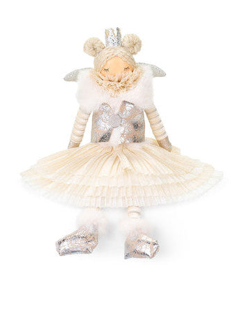 Bambola decorativa shabby chic con corona e tutù argento Nuvole di Stoffa – vista laterale