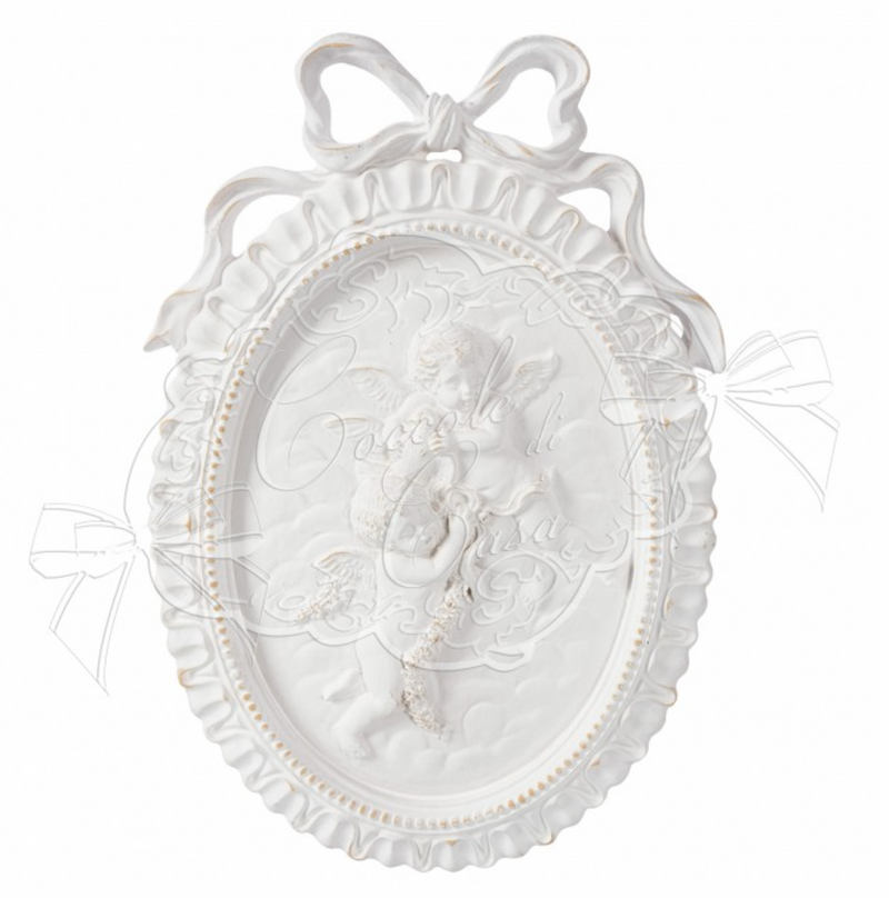 COCCOLE DI CASA Quadretto Ovale con Angeli Bianco in Resina Piccolo