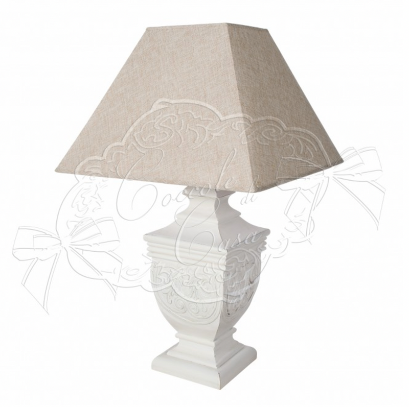 COCCOLE DI CASA Lampada in Legno Bianco Decapato "Vladi" con Cappa in Lino