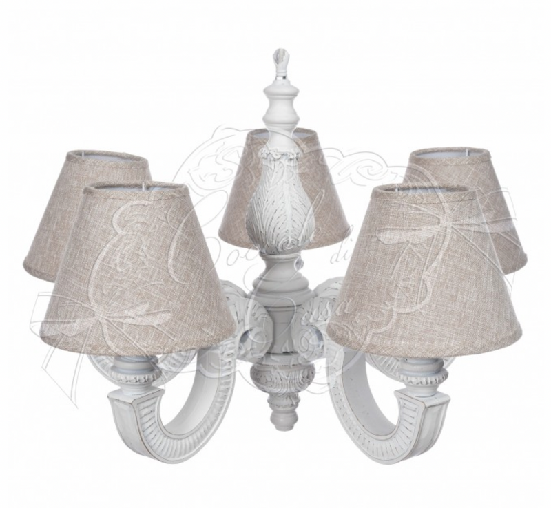 COCCOLE DI CASA Lampadario in Legno Bianco 5 Luci con Paralumi "Elsa"