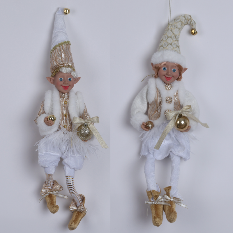 FIORI DI LENA Decoro Coppia Elfo Maschio e Femmina Dorato e Bianco con Sfere