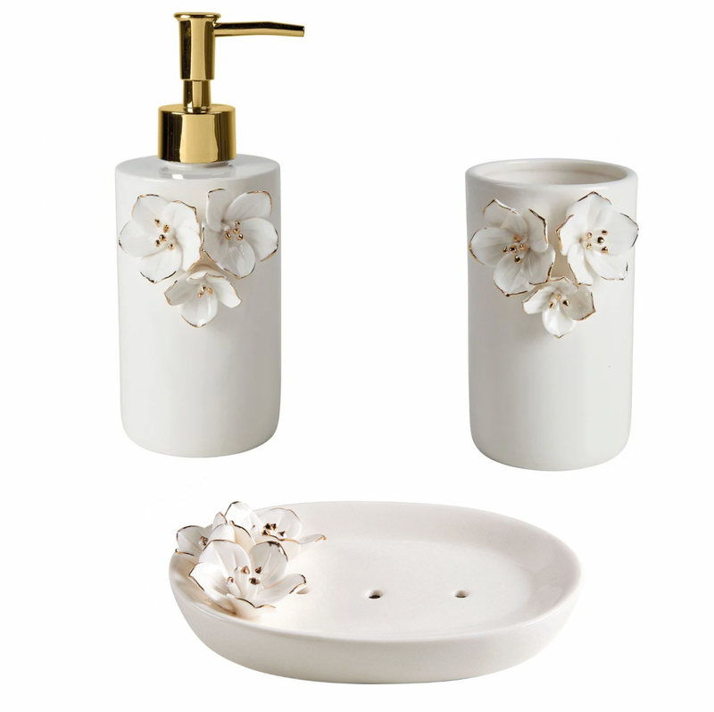 MATHILDE M. Tris Bagno "Amour de Fleurs" in Ceramica con Fiori in Rilievo