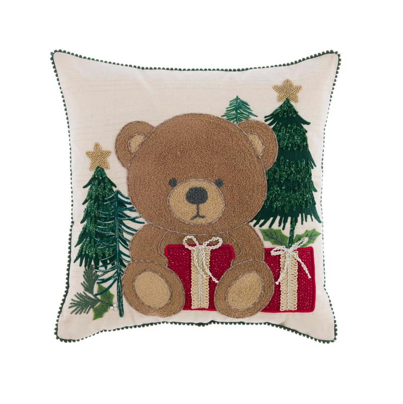 BLANC MARICLÒ Cuscino Natalizio Con Orsetto E Applicazioni In Cotone 45 × 45 Cm