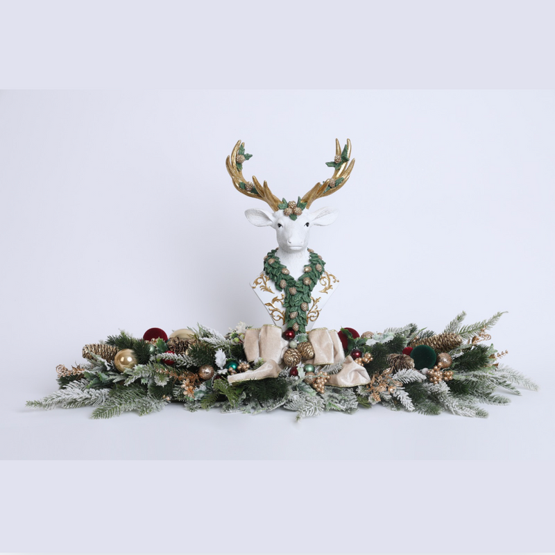 FIORI DI LENA Centrotavola Natalizio Renna Bianca Mezzobusto in Resina con Rami e Sfere