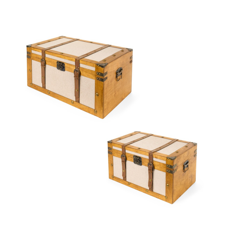 NUVOLE DI STOFFA Set 2 Bauli Vintage in Legno e Tela 50x31x26 - 60x37x30 cm