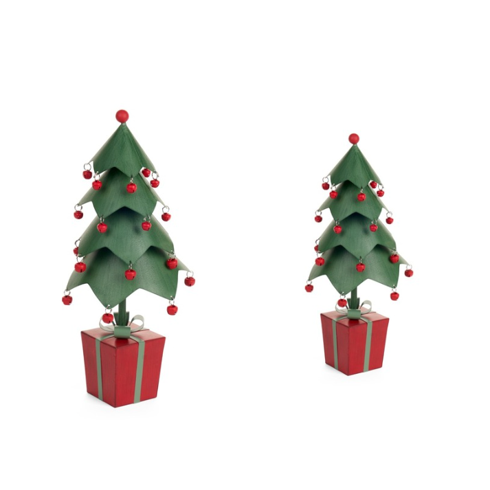 NUVOLE DI STOFFA Set 2 Alberi di Natale in Ferro "VINTAGE TOYS" con Base Pacco Regalo