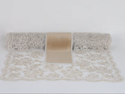 Runner Fiori di Lena in velluto nocciola con pizzo perimetrale rose champagne 140x50 cm Made in Italy