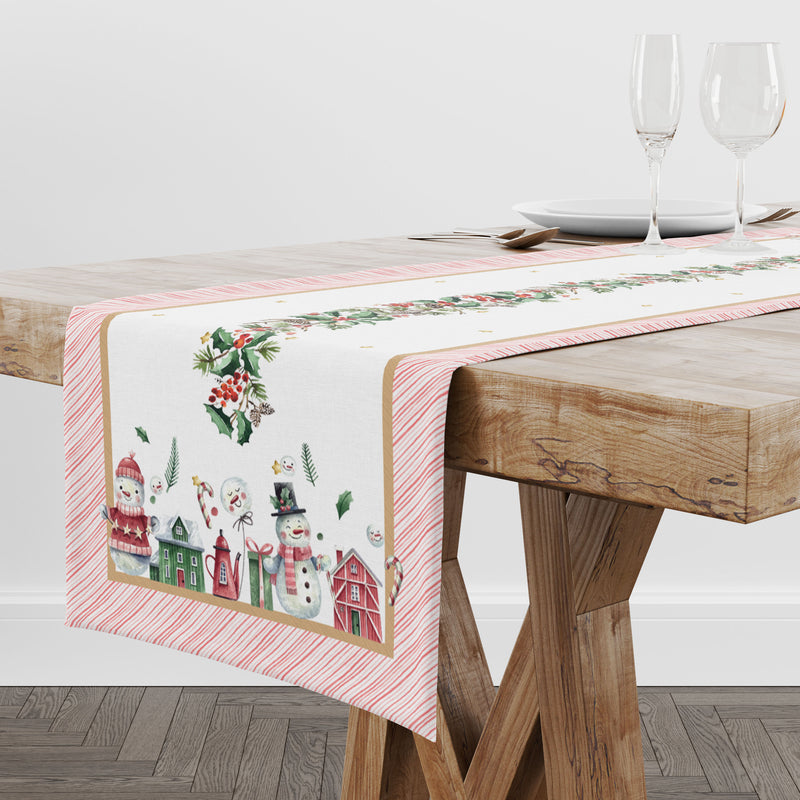 CLODETTE Runner in Cotone con Ghirlanda e Paesaggio Natalizio " VINTAGE " Bianco