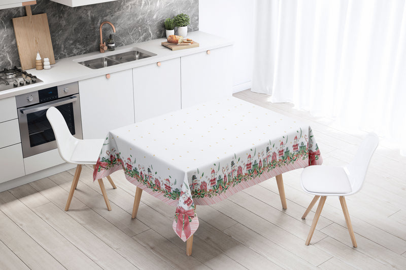 CLODETTE Tovaglia con Ghirlanda e Paesaggio Natalizio " VINTAGE " Bianca