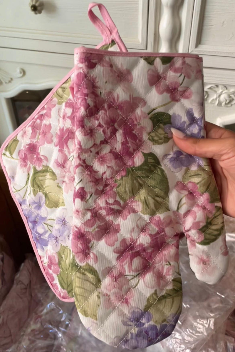 CLODETTE Set Guantone e Presina a Fiori Rosa con Rouche " ORTENSIA "