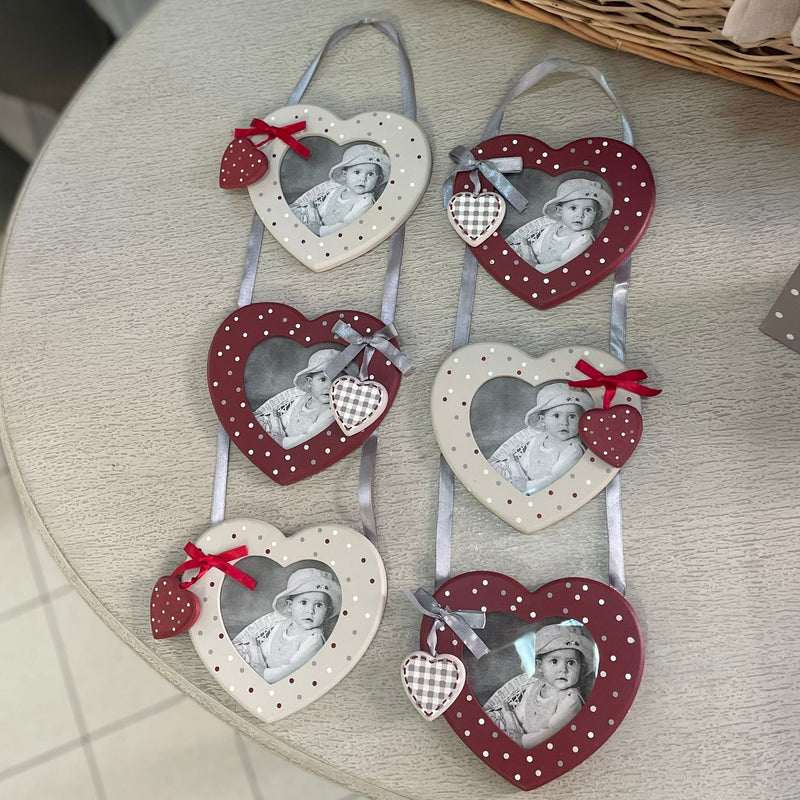 Portafoto Cuori Beige e Bordeaux a Pois con Cuori in Rilievo in Legno