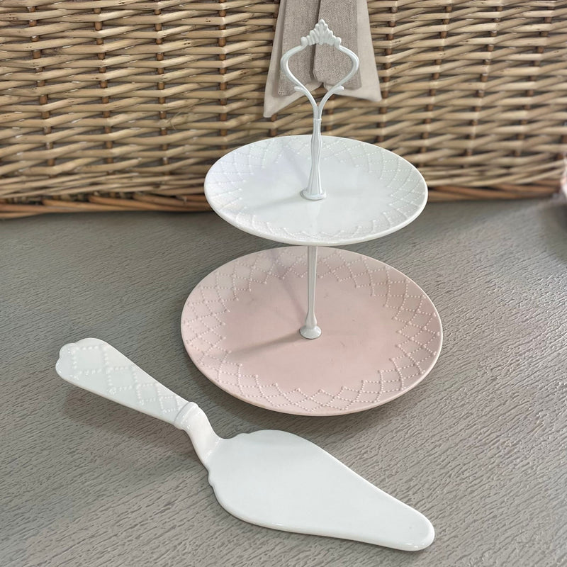 Alzatina 2 Ripiani in Porcellana Bianca e Rosa con Paletta