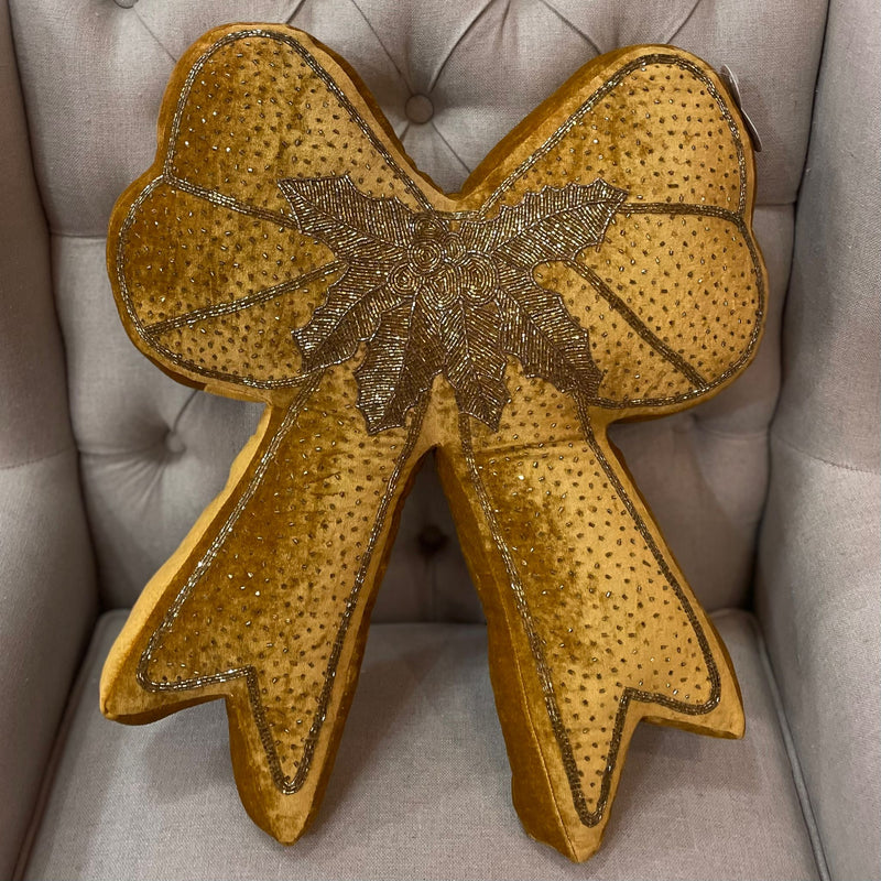 BLANC MARICLÒ Cuscino Fiocco Dorato Grande con Applicazione di Perline