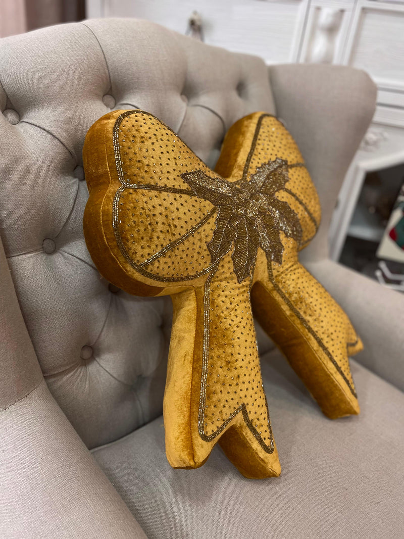 BLANC MARICLÒ Cuscino Fiocco Dorato Grande con Applicazione di Perline