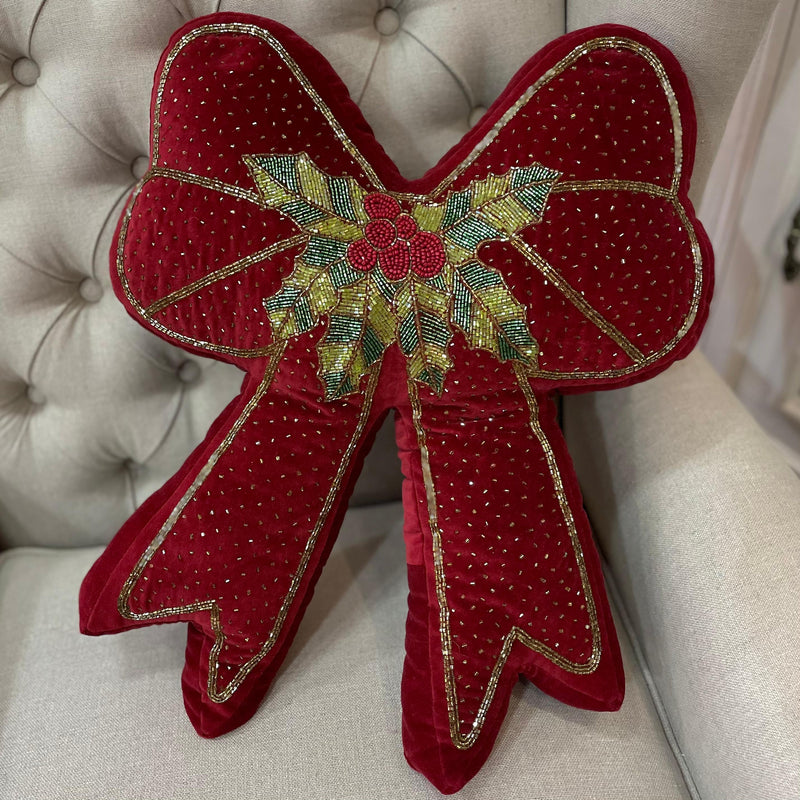 BLANC MARICLÒ Cuscino Fiocco Rosso con Applicazione di Perline