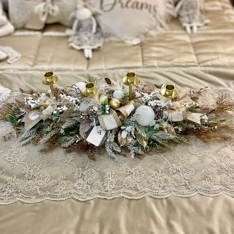 FIORI DI LENA Centrotavola Candeliere Natalizio 4 Fiamme con Nastro Nocciola