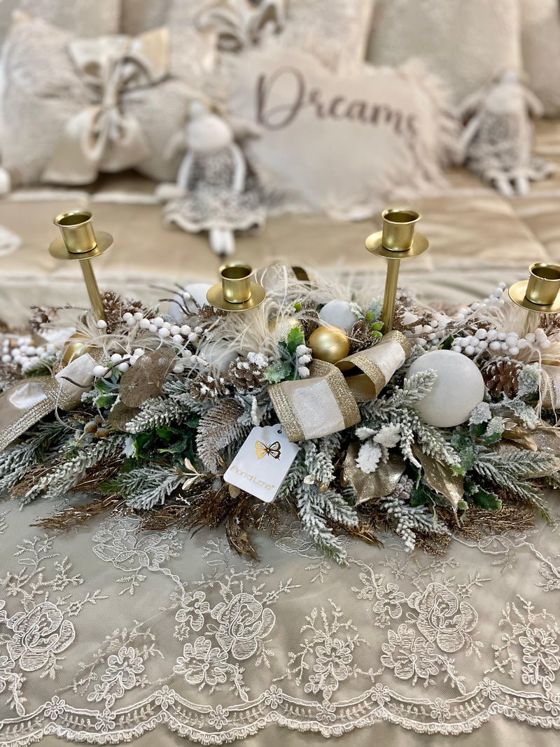 FIORI DI LENA Centrotavola Candeliere Natalizio 4 Fiamme con Nastro Nocciola