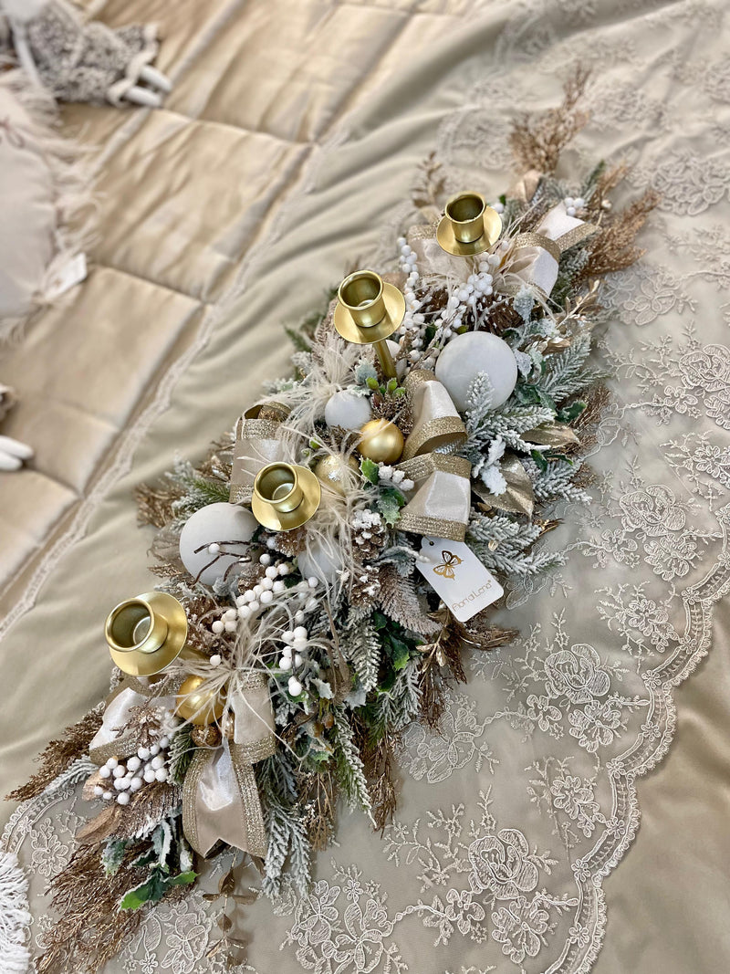 FIORI DI LENA Centrotavola Candeliere Natalizio 4 Fiamme con Nastro Nocciola