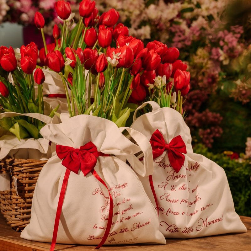 FIORI DI LENA Borsa Bianca con Tulipani Fiocco Rosso e Dedica per la Mamma