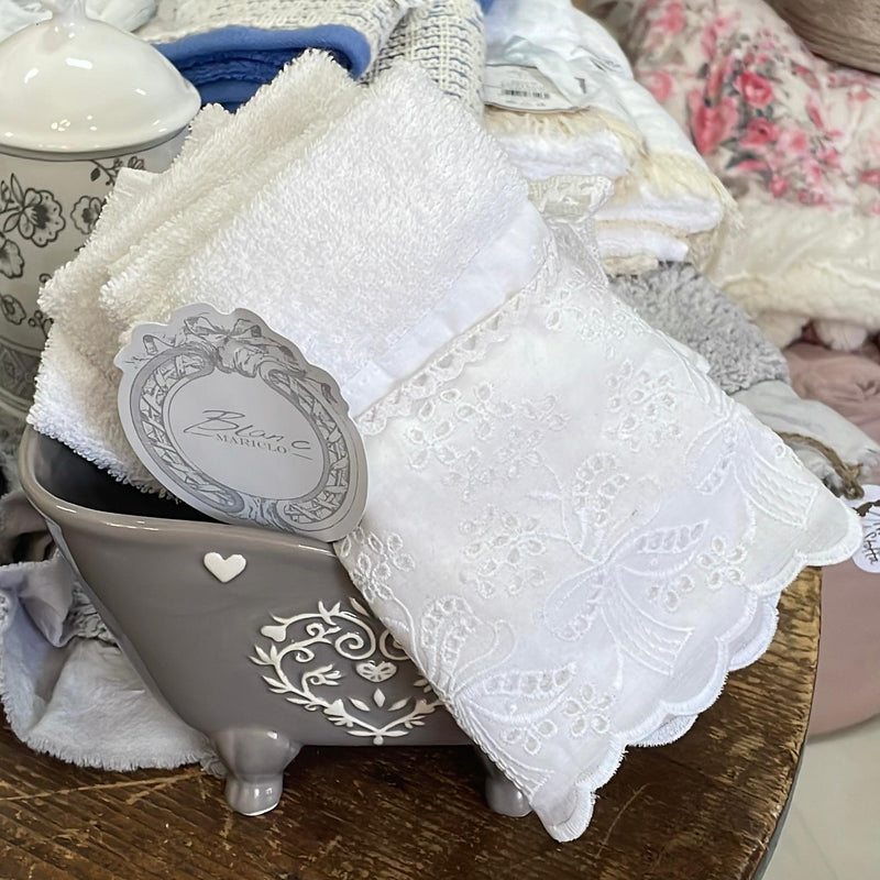 BLANC MARICLÒ Set 4 Lavette In Cotone con Pizzo Sangallo Bianche
