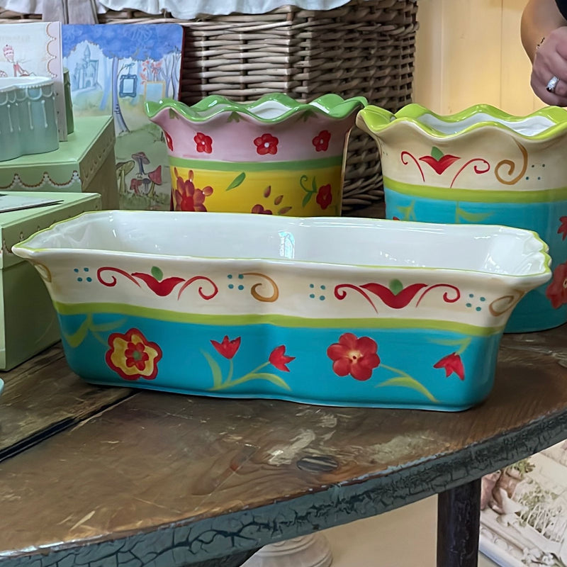 Portapianta Rettangolare Colorato con Fiori in Ceramica Smerlato