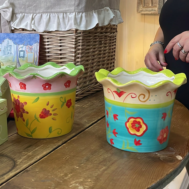 Portapianta Tondo Colorato con Fiori in Ceramica Smerlato