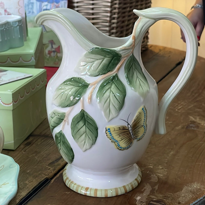 FITZ & FLOYD Caraffa Dipinta a Mano Con Foglie e Farfalla in Ceramica