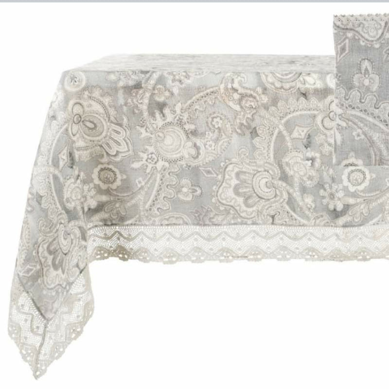 BLANC MARICLÒ Tovaglia con 12 Tovaglioli in Lino Grigia e Merletto
