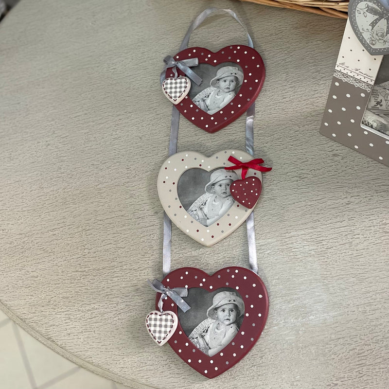 Portafoto Cuori Beige e Bordeaux a Pois con Cuori in Rilievo in Legno