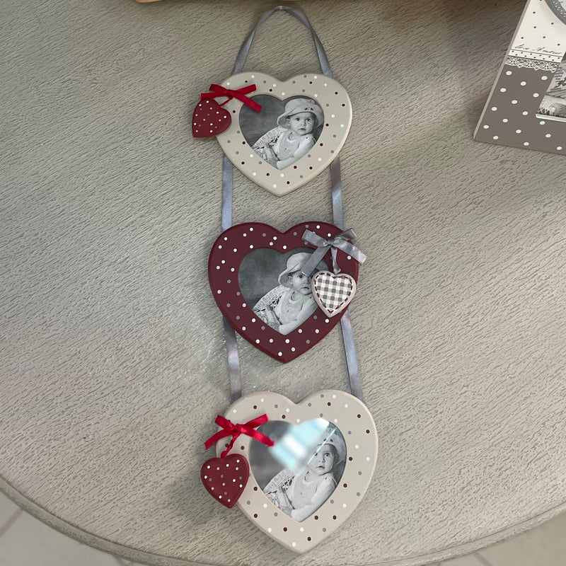 Portafoto Cuori Beige e Bordeaux a Pois con Cuori in Rilievo in Legno