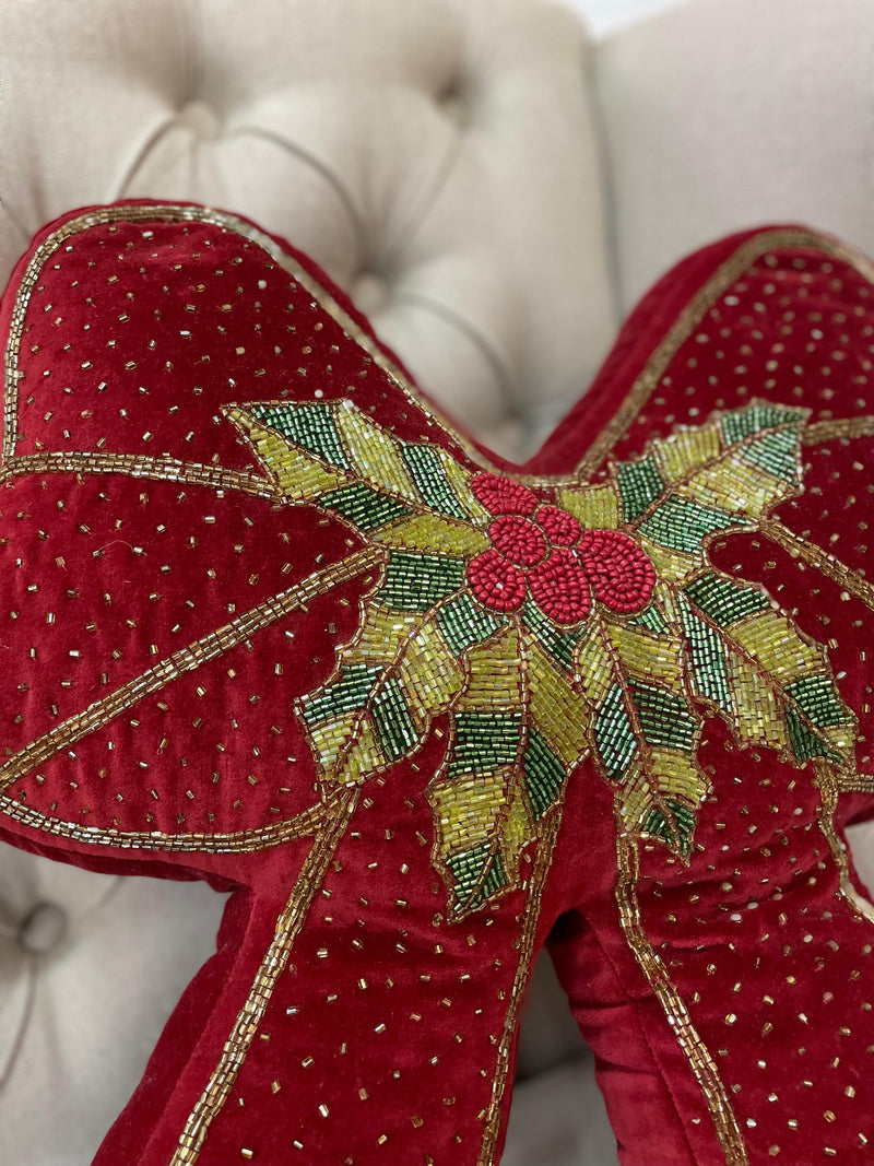 BLANC MARICLÒ Cuscino Fiocco Rosso con Applicazione di Perline