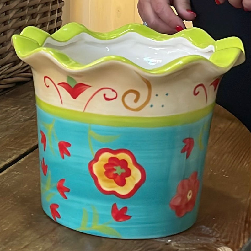 Portapianta Tondo Colorato con Fiori in Ceramica Smerlato