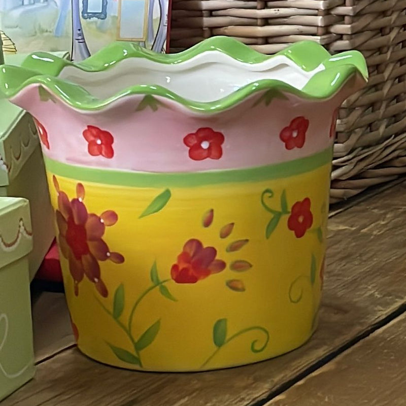 Portapianta Tondo Colorato con Fiori in Ceramica Smerlato