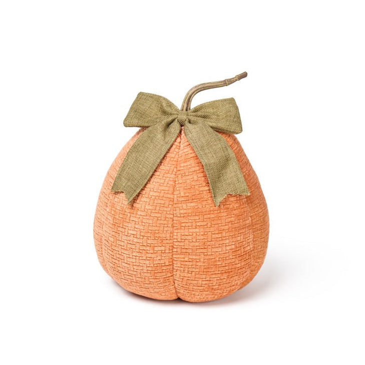 NUVOLE DI STOFFA Zucca Decorativa in Tessuto Intrecciato Arancione con Fiocco Verde H 28 cm