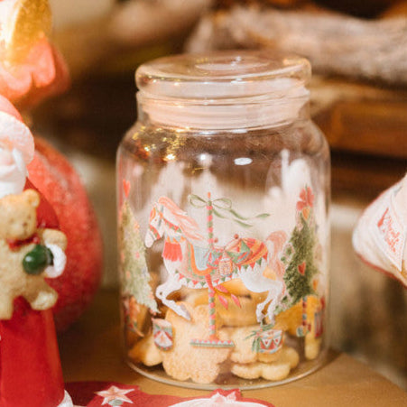 NUVOLE DI STOFFA Barattolo Piccolo Natalizio in Vetro Boro "LA GIOSTRA DI AMELIE" con Cavalli e Fiocchi