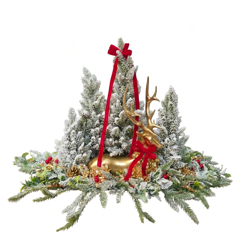FIORI DI LENA Centrotavola Natalizio con Renna Dorata e 4 Alberelli Innevati H 53 cm