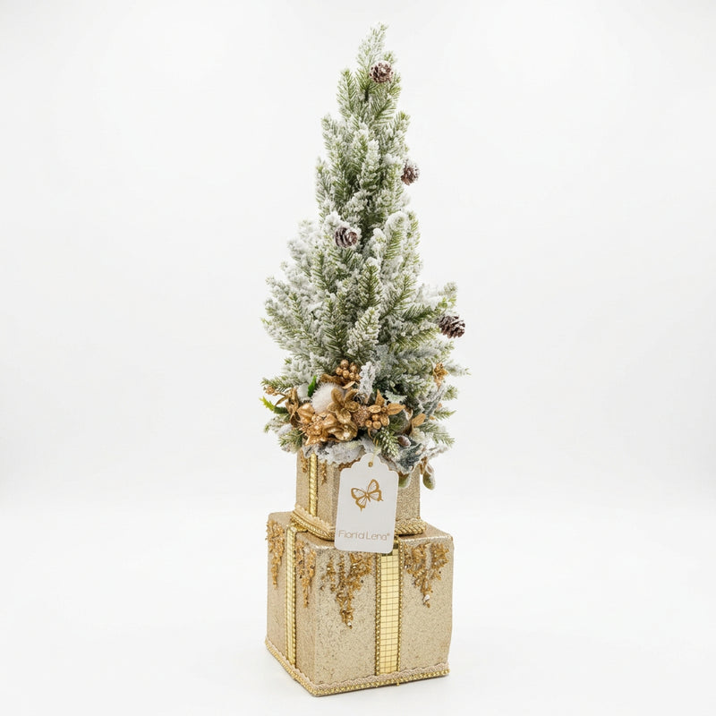 FIORI DI LENA Alberello Natalizio Innevato su Pacchetti Dorati H 57 cm