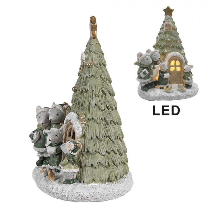 CLAYRE & EEF Casetta Albero con Famiglia Topini e Led in Resina Verde