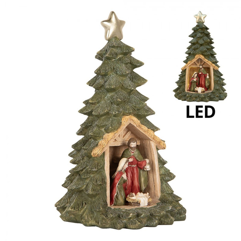 CLAYRE & EEF Albero di Natale con Sacra Famiglia e Led in Resina Verde