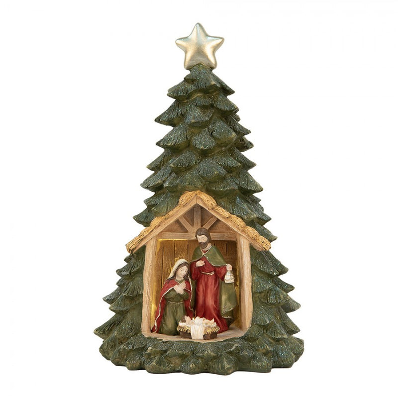 CLAYRE & EEF Albero di Natale con Sacra Famiglia e Led in Resina Verde