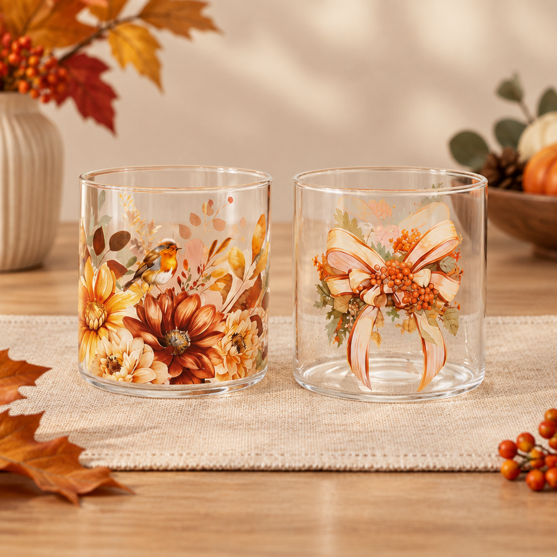 Due modelli di bicchieri assortiti in vetro borosilicato con decorazioni floreali autunnali – Nuvole di Stoffa – foto principale del set