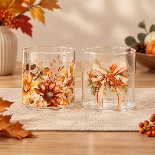 Due modelli di bicchieri assortiti in vetro borosilicato con decorazioni floreali autunnali – Nuvole di Stoffa – foto principale del set