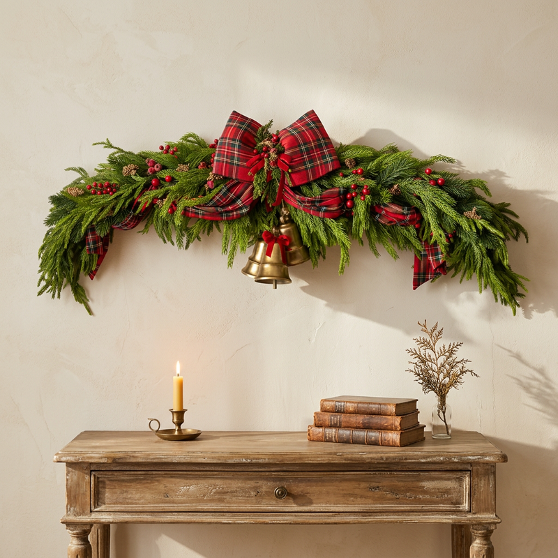 Festone natalizio Fiori di Lena ambientato sopra una consolle shabby chic