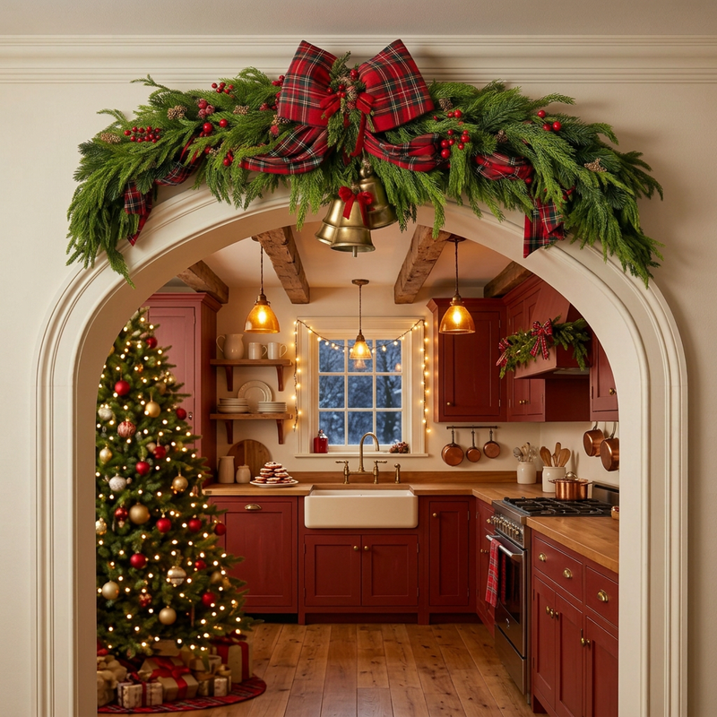 Festone natalizio sopra un arco con cucina rustica rossa in stile cottage americano sullo sfondo