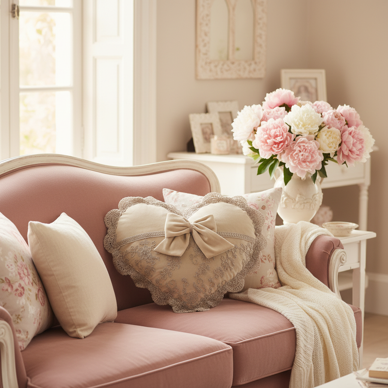 Cuscino cuore romantico color fango con pizzo e fiocco – Fiori di Lena – composizione decorativa