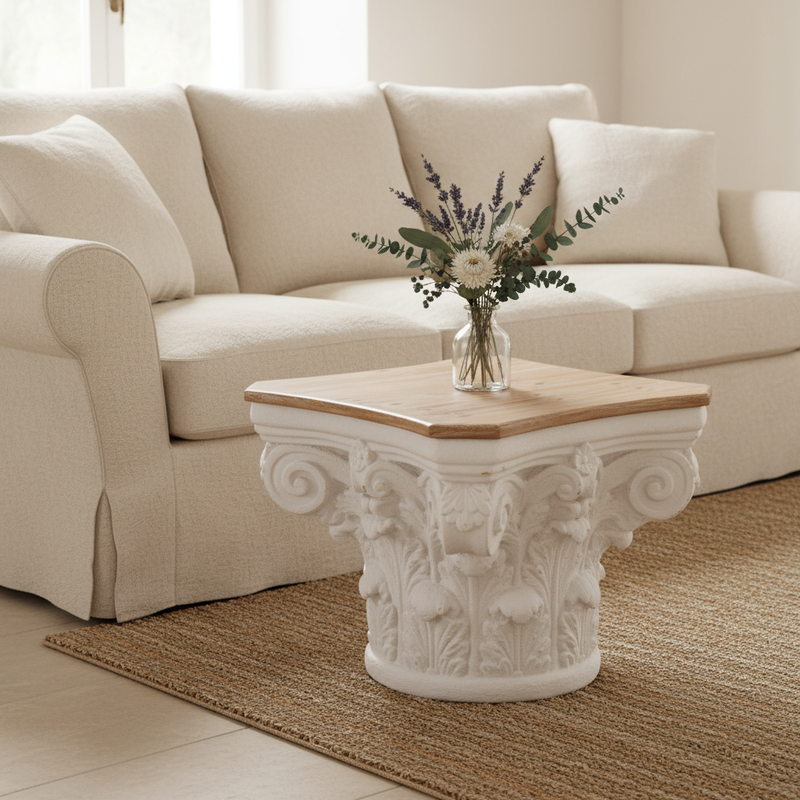 COCCOLE DI CASA Tavolino Capitello Bianco con Top in Legno Naturale