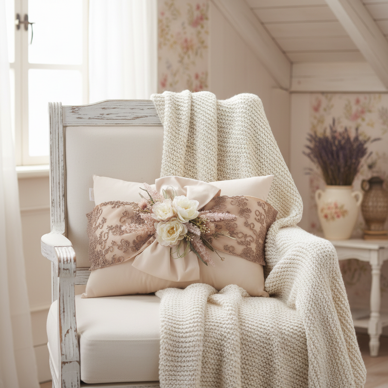 FIORI DI LENA Cuscino Rettangolare con Fiocco Rosa e Pizzo