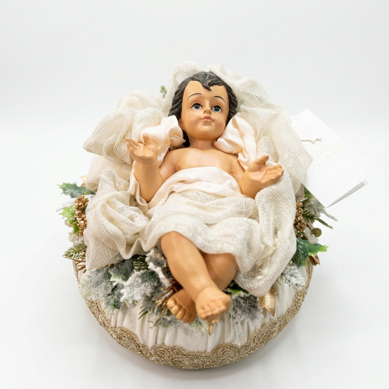 FIORI DI LENA Bambinello su Pouf in Velluto e Pizzo con Decori Natalizi Ø 24 cm