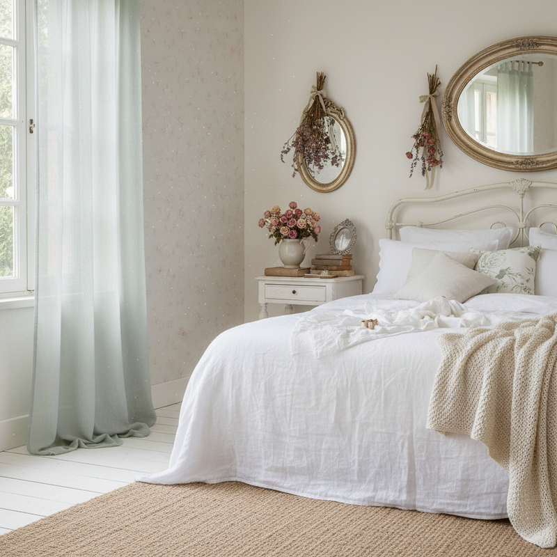 Tenda Birkin verde morbida con passanti su finestra in camera da letto provenzale romantica
Blanc Mariclò – Sweet Home Shabby Style
Ambientazione camera da letto, atmosfera intima