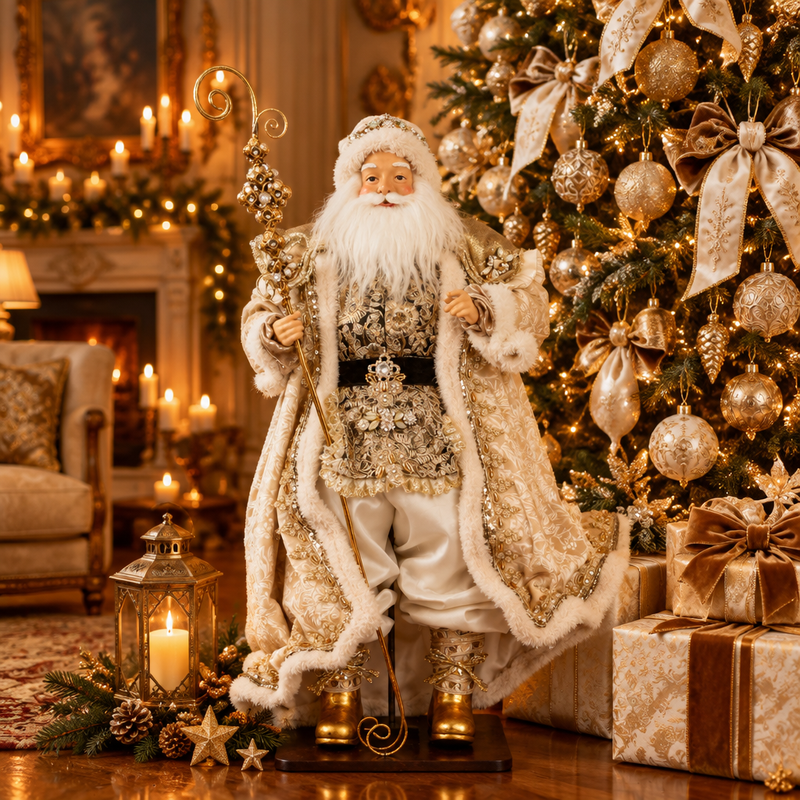 FIORI DI LENA Babbo Natale su Base in Legno con Abito Avorio e Dorato 64cm